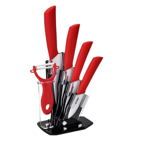 Red &amp; White Ceramic Knife Set with Stand - 4 x Knife &amp; Peeler