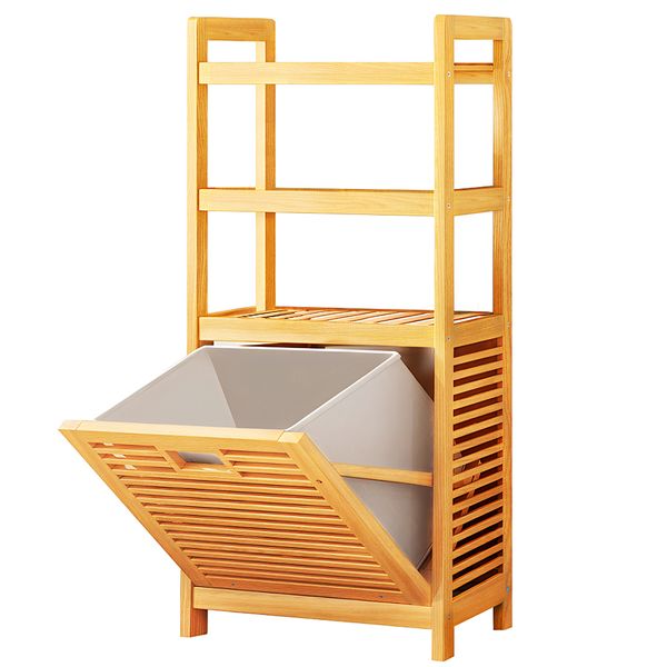 Chenshia Bamboo Laundry TiltOut Basket 2-Tier Storage Shelves - Large 118cm