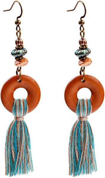 Bohemia Style Alloy Round Colorful Cotton Earrings with Tassel