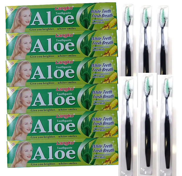 6 Pack Aloe &amp; Mint Toothpaste with 6 Bamboo Bristle Toothbrushes