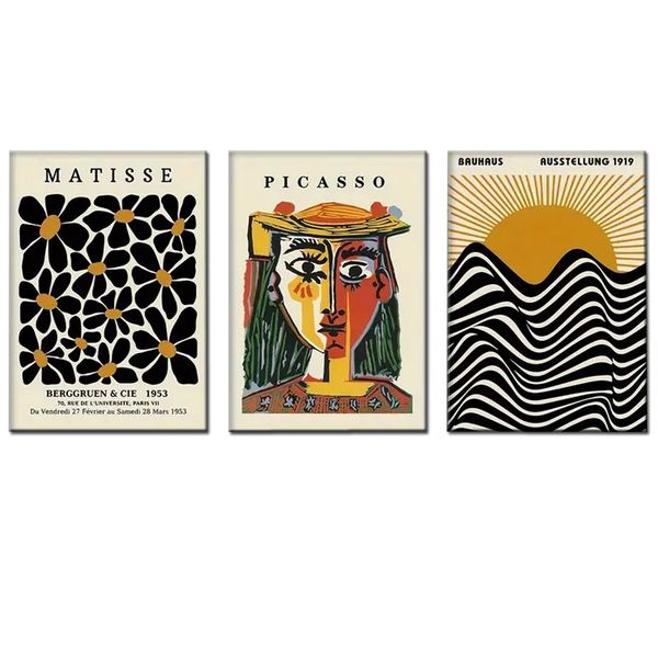 Canvas-Art-3 Pieces Woman With A hat Boho Black Flower Abstract Wall Art