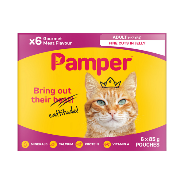 Pamper Adult Wet Cat Food Gourmet Meat in Jelly Multi-Pack (6 x 85g) Pouches