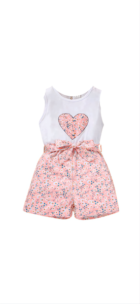 Toddler Girls Ditsy Floral And Heart Print Belted Romper