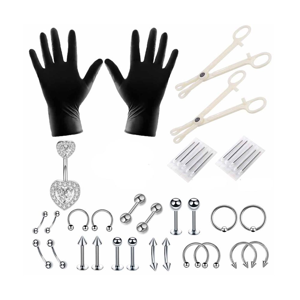 37 Piece Steel Belly Button Rings Tongue Body Jewelry Piercing Kit ...