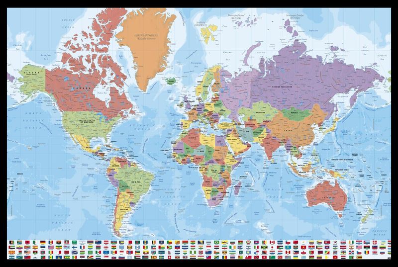 Modern World Map Poster with Black Frame