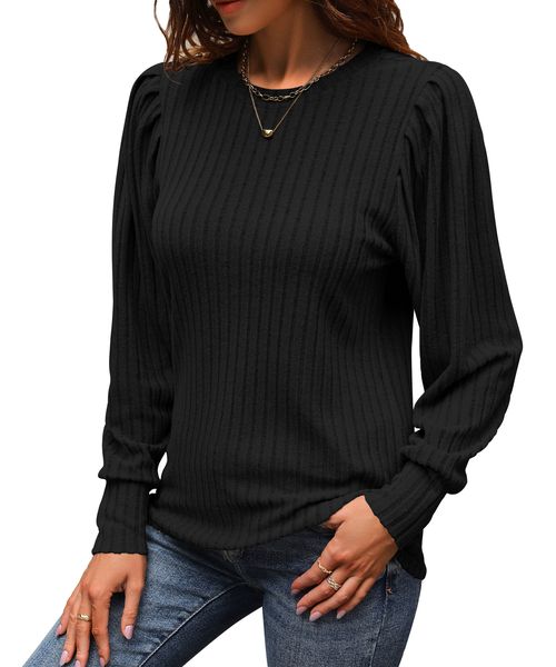 JUSIUU Women's Puff Long Sleeve Top Casual Crew Neck Blouse Elegant Tunic