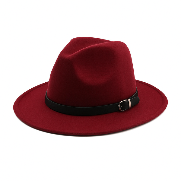 Wide Brim Panama Fedora Hat with Belt Buckle for Men and Women-Maroon