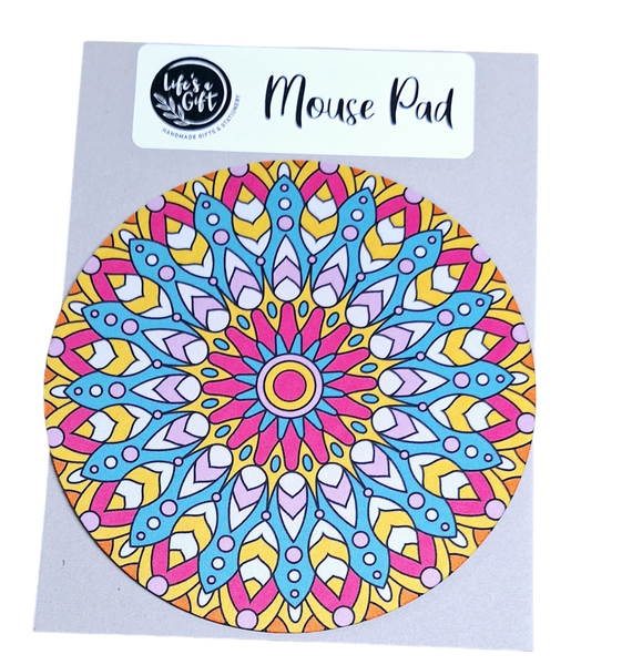 20cm Round Mouse Pad-Pink, Yellow, Blue &amp; White Kaleidoscope