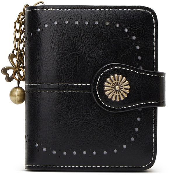 Small Leather Bifold Compact Wallet with Zipper and Metal Buckle Coin Pocket