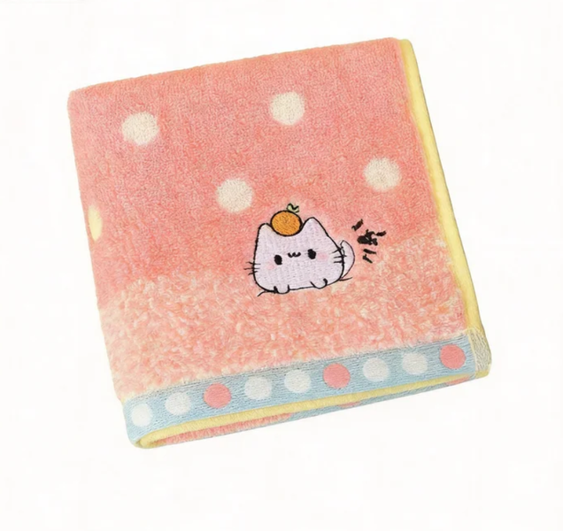 Baby-Safe Cotton Towel, Cute Cat Embroidered Pink Polka Dot