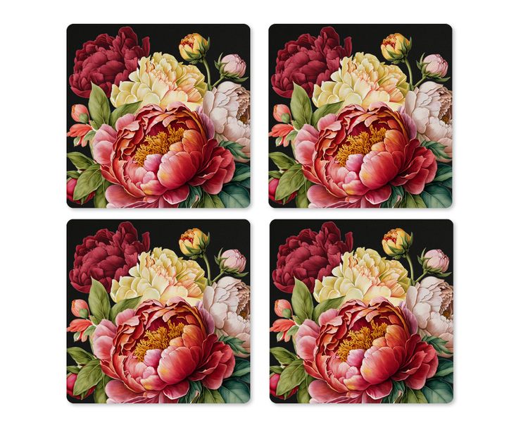Coasters: Peonies On Black (Pack of 4)