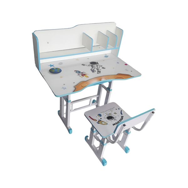 Nordic Kid's Height Adjustable Cartoon Study Table With Shelves And Chair