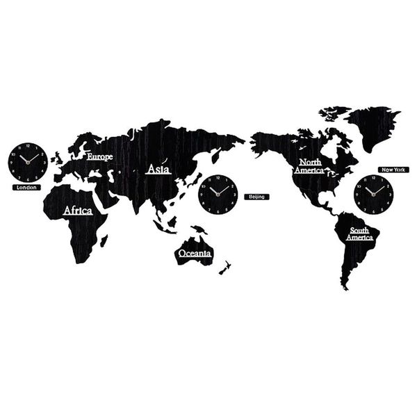 3D Wooden World Map Wall Clock - Black