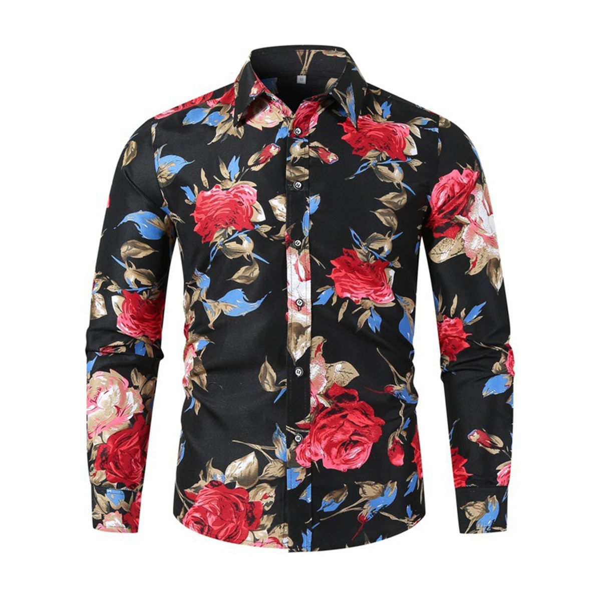 Men's Rose Print Long Sleeve Shirt Floral Print Casual Formal Dress ...