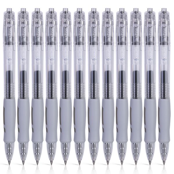 Deli Retractable Gel Pen 0.5mm Black Ink Transparent Barrel With Grip 12pcs