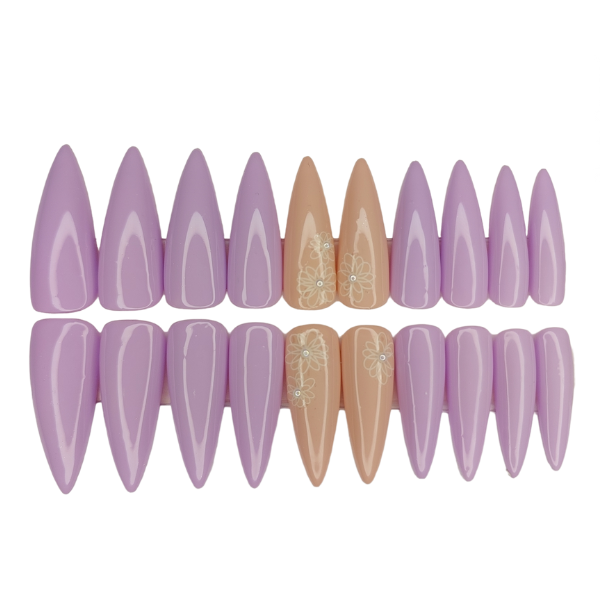 Luxury Press On Nails - Long Stiletto Purple &amp; Flower Set - 20 Piece