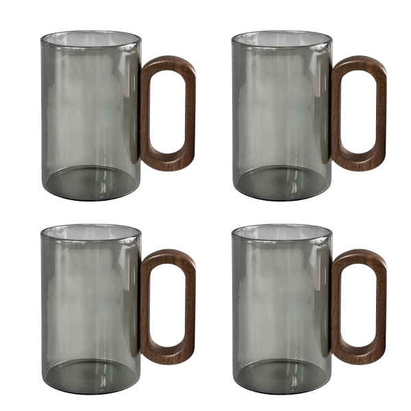4-Piece Glass & Wooden Handle Heat-Resistant Tea Cup - Grey