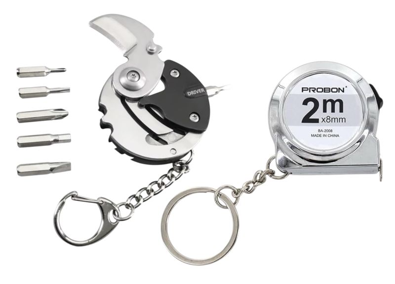 Mini Pocket Tool Keychain Set - Screwdriver, Knife and 2m Tape Measure