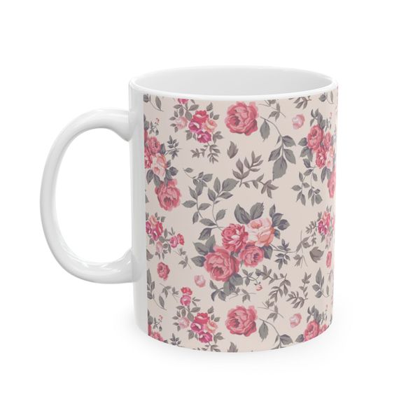 Floral Mug - Pink Rose And Leaf Pattern On Beige Background