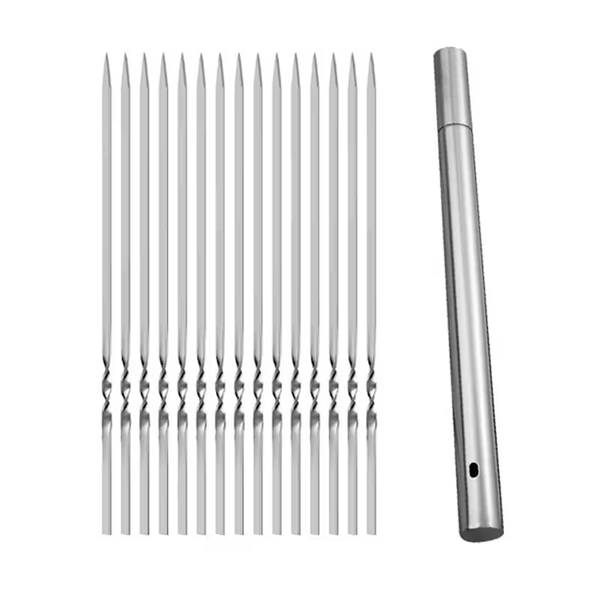15pcs Stainless Steel Skewers &amp; 1 Tube Storage For Barbecue, Reusable