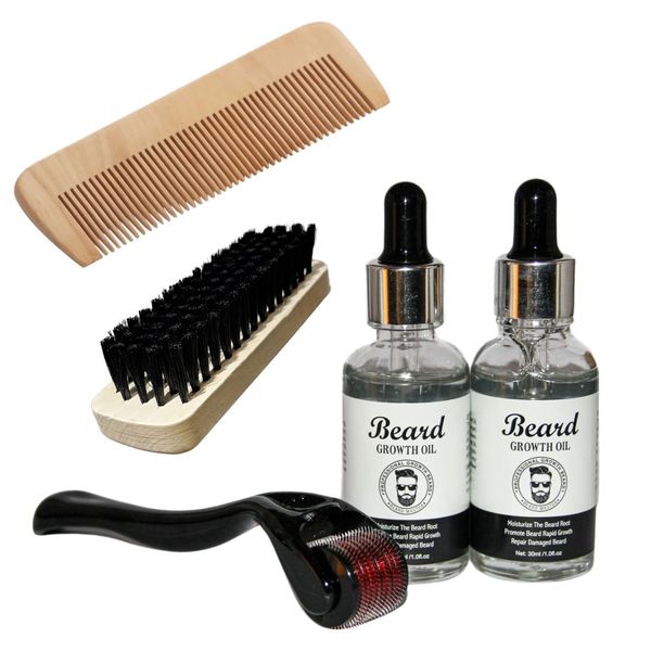 Beard Growth Oil 2 Pack &amp; Derma Roller Beard/Hair- Wood Comb &amp; Brush