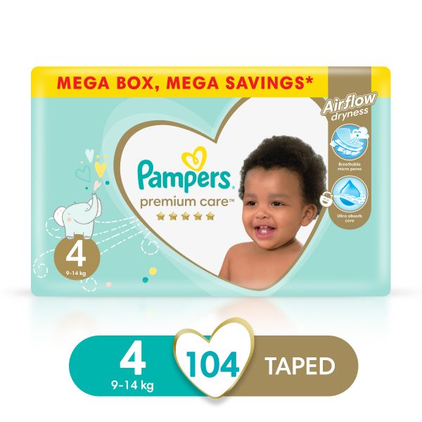 Pampers Premium Care Size 4 (9-14 kg) 104 Nappies, Airflow Skin Comfort