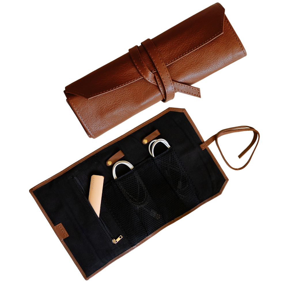 Blake Leather Tech Roll Pouch in Tan