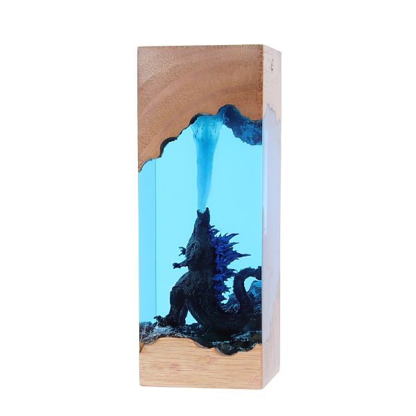 ZELTRYN Godzilla Breathing Fire Resin Ornament RGB Wood Frame Night Light