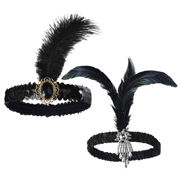 Party Cosplay 1920s Style Black Feather Flapper Elastic Headbands - Set of 2