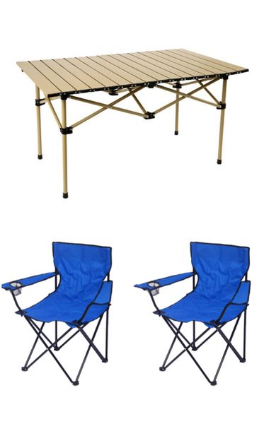 Aluminum Alloy Outdoor Folding Dining Table &amp; 2 Bule Color Armchair