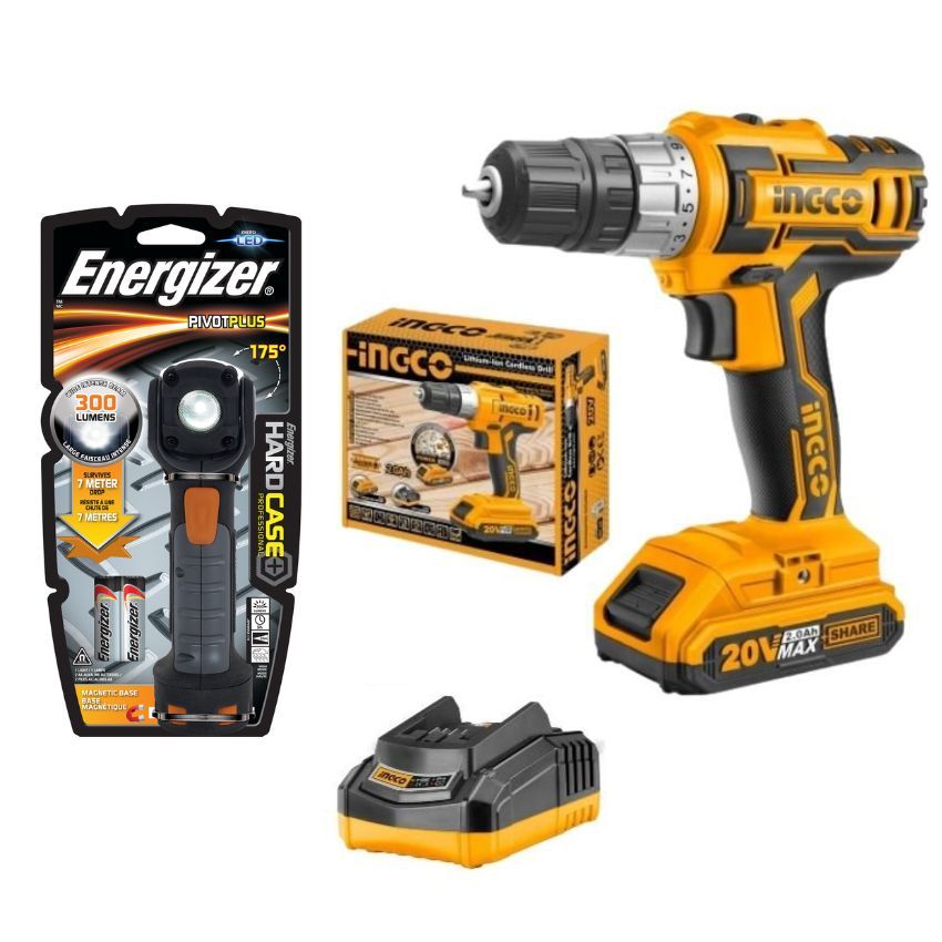 Ingco -Lithium-Ion Cordless Drill -20V, Battery, Charger & Energizer Light
