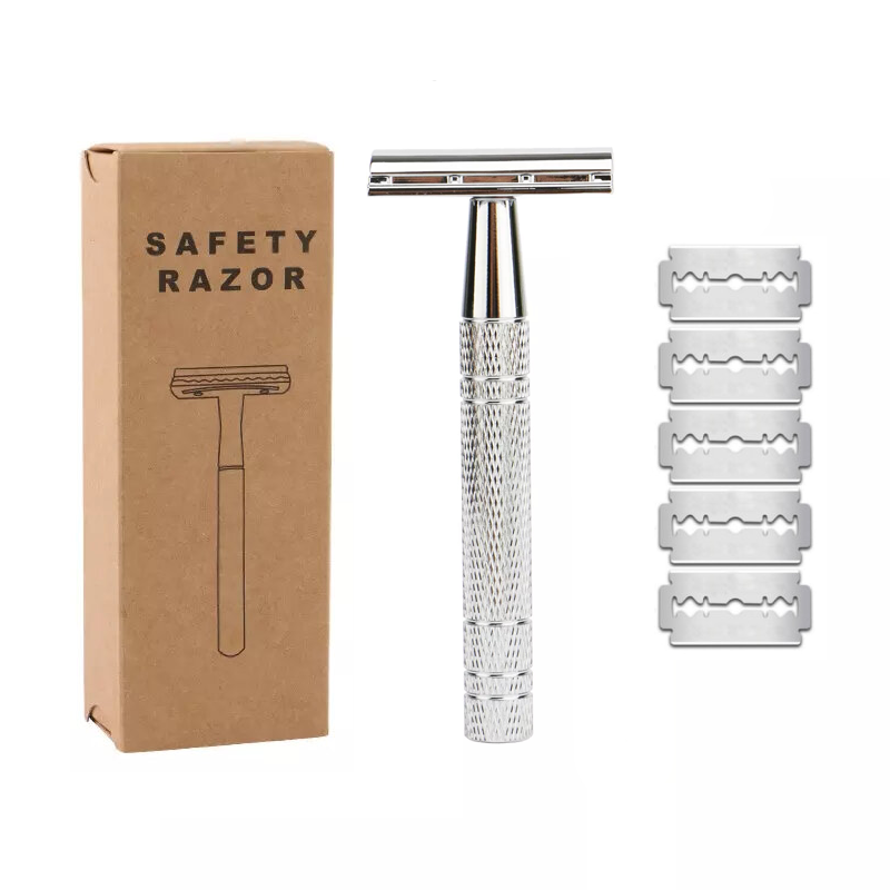 Premium Double Edge Safety Razor with 5 Blades Silver Ergonomically