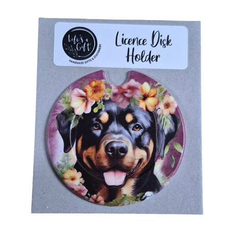 Dog & Flowers Licence Disk Holder - Black & Brown Rottweiler Image