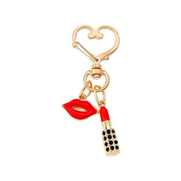 Heart Shaped Keychain With Lips And Lipstick Pendant - Gold and Red