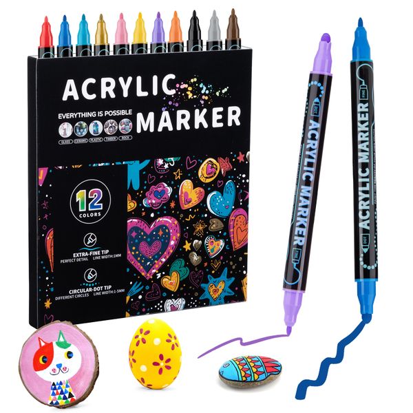 XRK 12 Colors Waterproof Dual Tip Acrylic Paint Markers