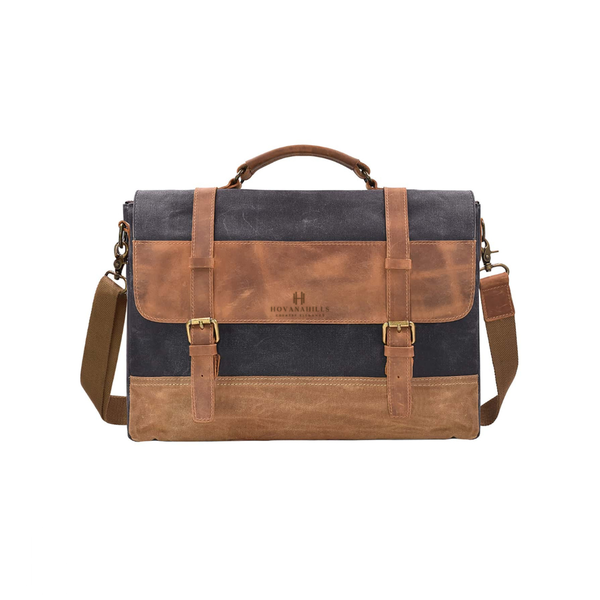Prestige Black Leather and Canvas Laptop Bag