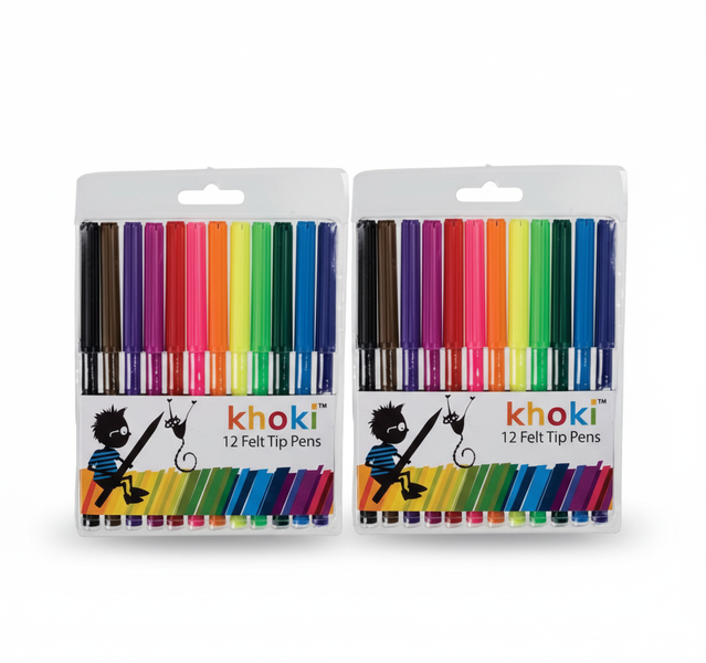 Khoki 12 Piece Felt-Tip Pens Set - Assorted Colours for Art &amp; - 2 Pack