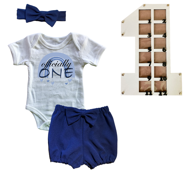 First Birthday Outfit-Bubble shorts &amp; Photo Frame- Navy-Blue Rainbow