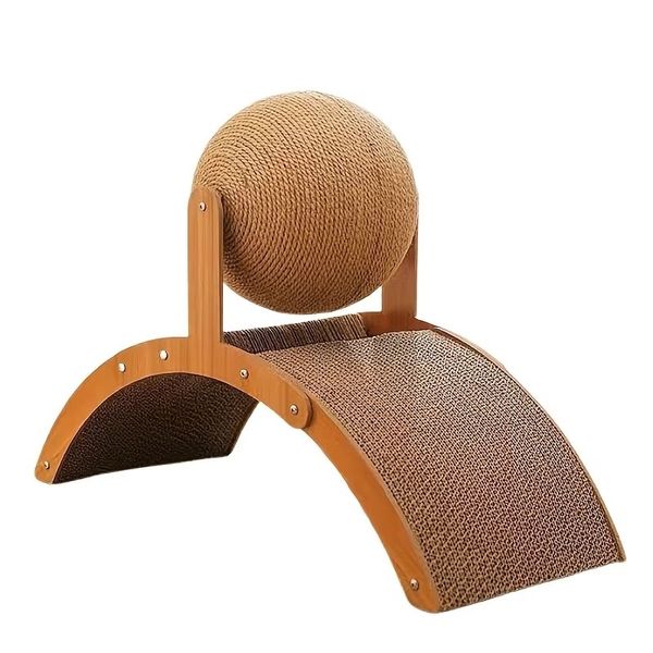 Wooden Cat Scratcher with Sisal Ball &amp; Curved Pad - Durable Cat Scratching