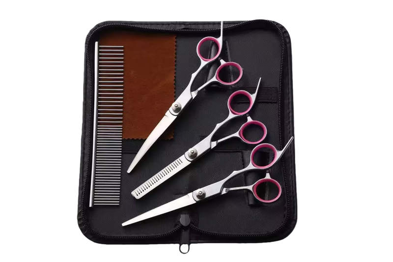Professional 6-Piece Pet Grooming Scissor &amp; Comb Kit with Case - Pink