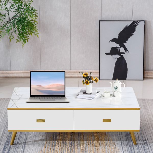 Coffee Table Side Table Living Room Center Table with 4 Drawers White