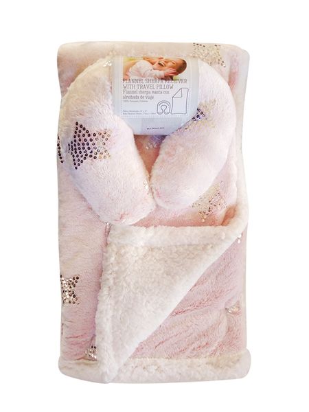 Mothers Choice Baby Blanket with Travel Pillow Pink Stars