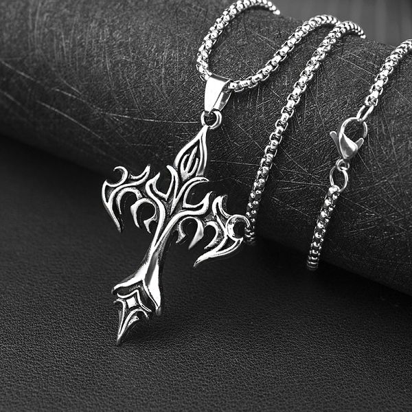 Classic Steel Warrior Men's Cross Amulet Necklace Fashion Flame Christian