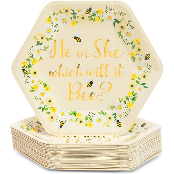 Topika-48Pack Bee Paper Plates for Gender Reveal Party 23cm Hexagon Plates