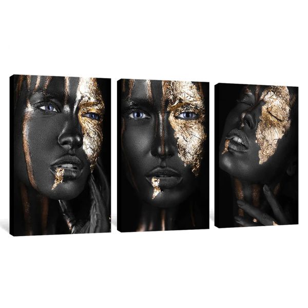 Canvas Art - 3-Piece African Black Gold Woman Canvas Wall Art Decor