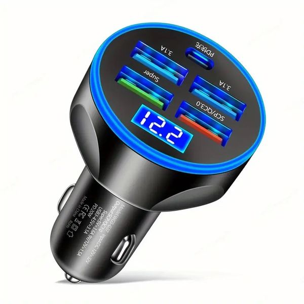 250W 5 in 1 USB Car Charger Type C PD 12V Cigar Jack Fast Charging Adapter