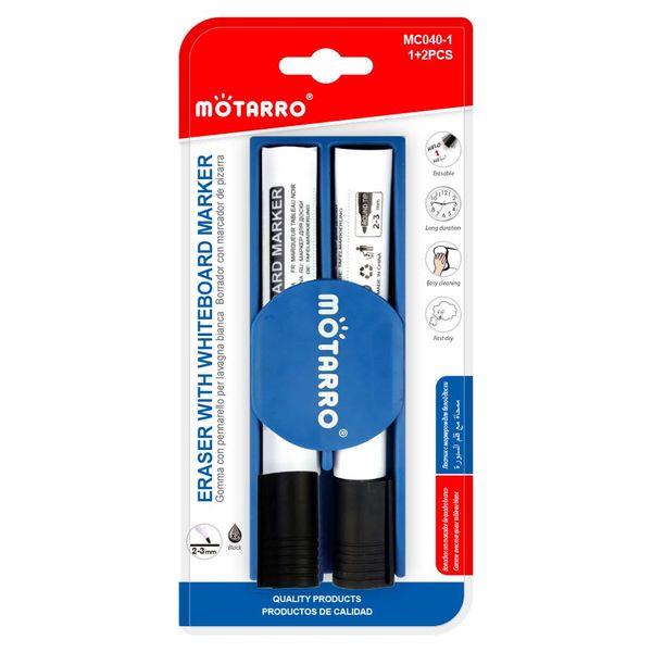 MOTARRO 2Pcs Whiteboard Pens with Eraser (Black, Dry Wipe) for Teachers