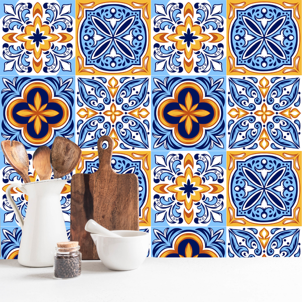 Bright Blue &amp; Orange Tile Wall Stickers