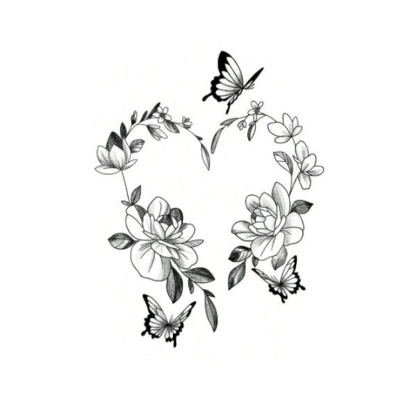 Heart-Shaped Floral Wreath Temporary Tattoo With Butterfly Accents - Black
