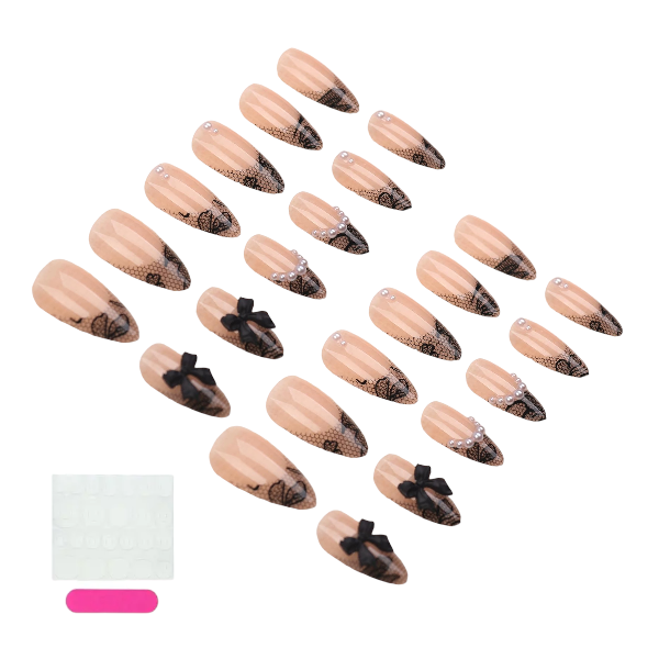 24Pciece Glamorous Lace and Bow Press-On Nail Set - Black